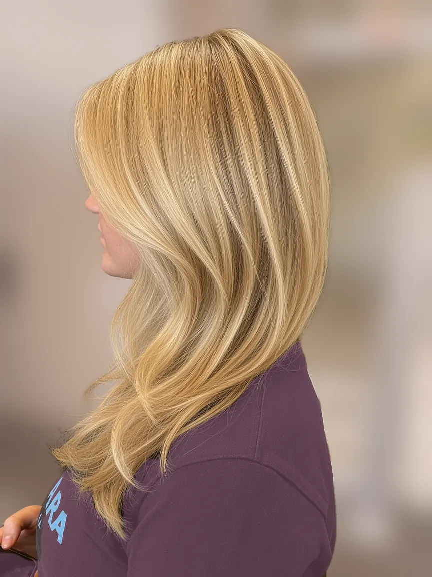 Long golden blonde layers with soft highlights, color and cut by Lana